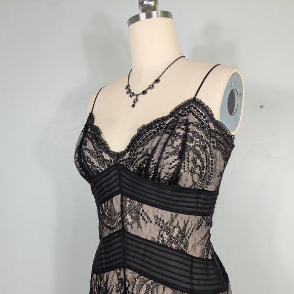 Bcbg Lace Silk Midi Dress 10 Black Tan Y2K Silk Babydoll Illusion Guest Cocktail - Picture 6 of 14